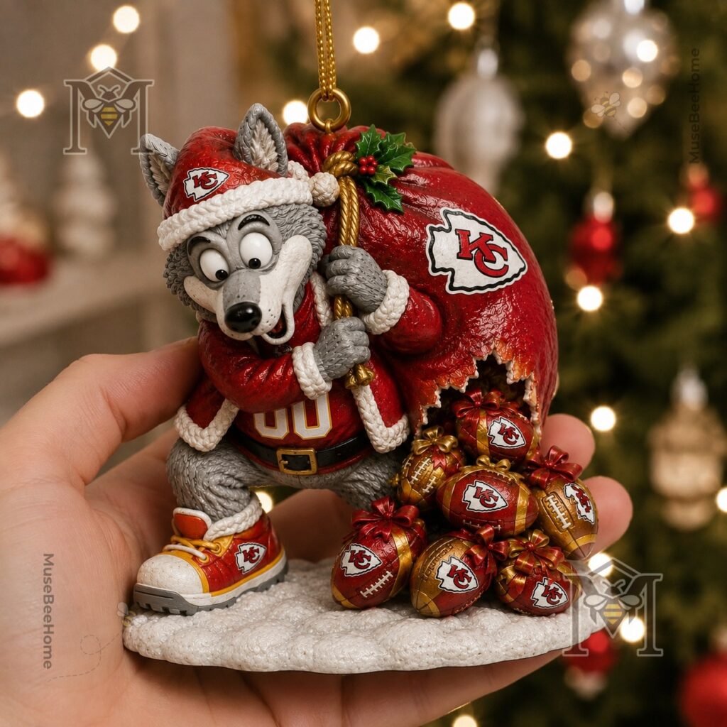 Kansas City Chiefs Santa NFL Christmas 2026 Ornament - close-up of footballs spilling from sack