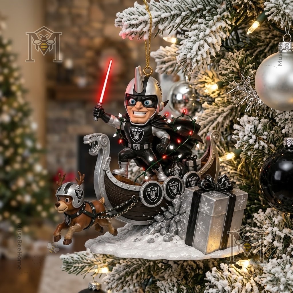 Las Vegas Raiders Mascot Christmas 2026 Ornament - detailed view of mascot on Viking ship