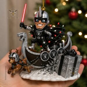 Las Vegas Raiders Mascot Christmas 2026 Ornament - reindeer pulling ship on snowy base