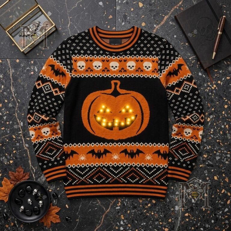 Light Up Jack-o'-Lantern Halloween Sweater - close-up of left sleeve and glowing pumpkin