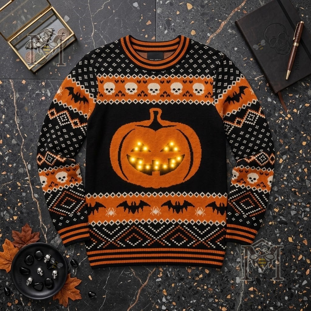 Light Up Jack-o'-Lantern Halloween Sweater - close-up of left sleeve and glowing pumpkin