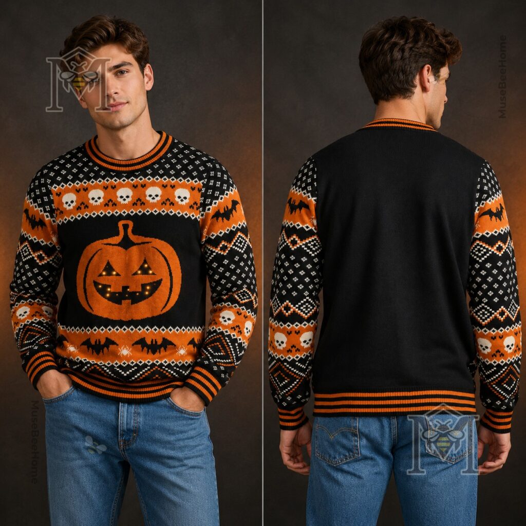 Light Up Jack-o'-Lantern Halloween Sweater - close-up of right sleeve and glowing pumpkin