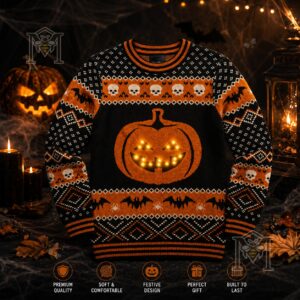 Light Up Jack-o'-Lantern Halloween Sweater - front view with festive background