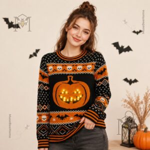 Light Up Jack-o'-Lantern Halloween Sweater - lower left section showing quality icons