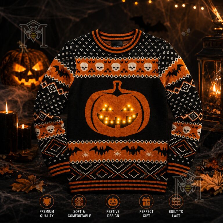 Light Up Jack-o'-Lantern Halloween Sweater - front view with festive background