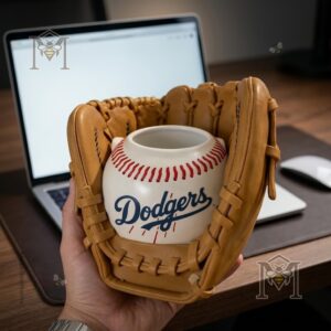Los Angeles Dodgers Baseball Glove Themed Plant Pot Home Desk Decor - close-up showing Dodgers World Series