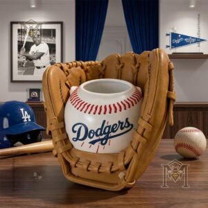 Los Angeles Dodgers Baseball Glove Themed Plant Pot Home Desk Decor - full display on a wooden surface