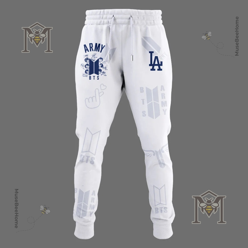 Los Angeles Dodgers BTS ARMY Signatures Collaboration Hoodie 2026 - back view showing ARMY logo, signatures