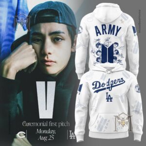 Los Angeles Dodgers BTS ARMY Signatures Collaboration Hoodie 2026 - full view with V and hoodie mockups