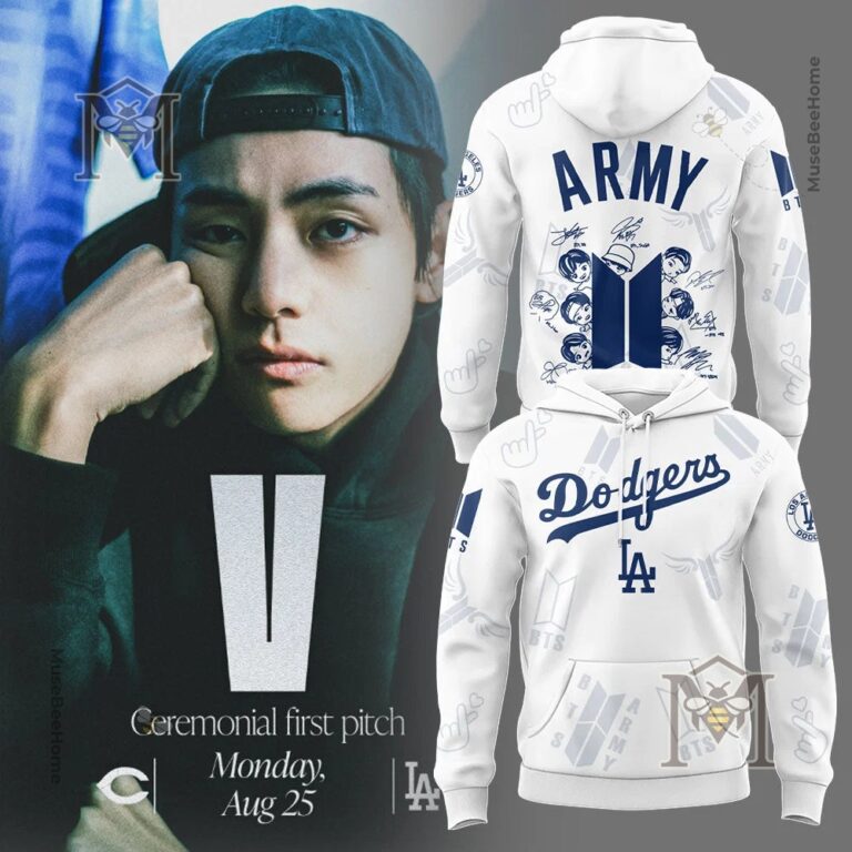 Los Angeles Dodgers BTS ARMY Signatures Collaboration Hoodie 2026 - full view with V and hoodie mockups