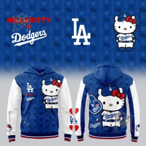 Los Angeles Dodgers Hello Kitty Hoodie 2026 - front and back view of the blue and white varsity-style hoodie