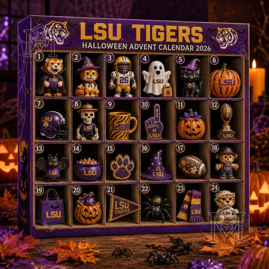 LSU Tigers Halloween Advent Calendar 2026 - full front view with autumn decor