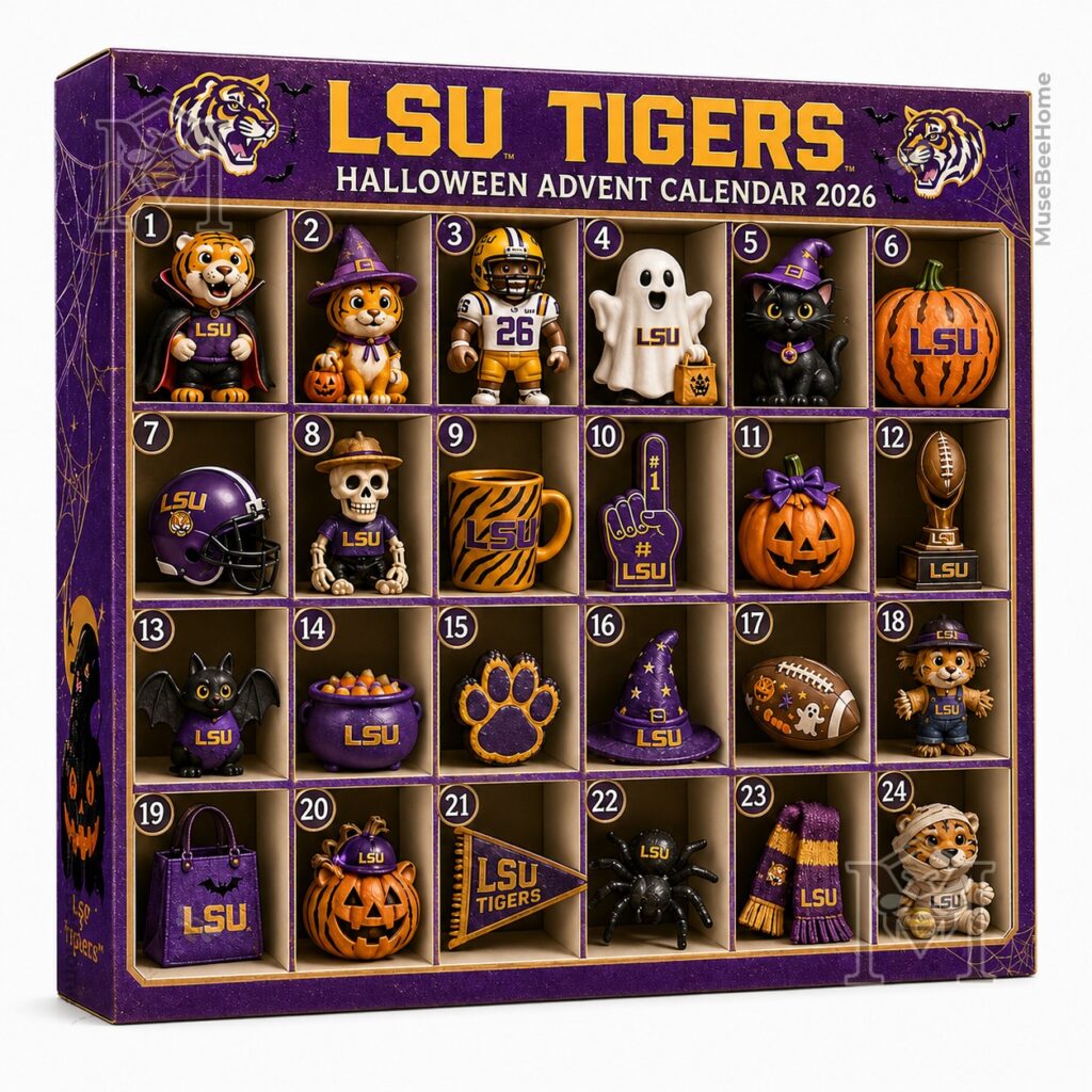 LSU Tigers Halloween Advent Calendar 2026 - top left close-up showing compartments 1-10