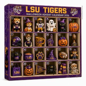 LSU Tigers Halloween Advent Calendar 2026 - top left close-up showing compartments 1-10