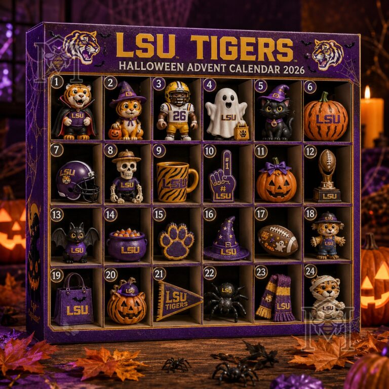 LSU Tigers Halloween Advent Calendar 2026 - full front view with autumn decor