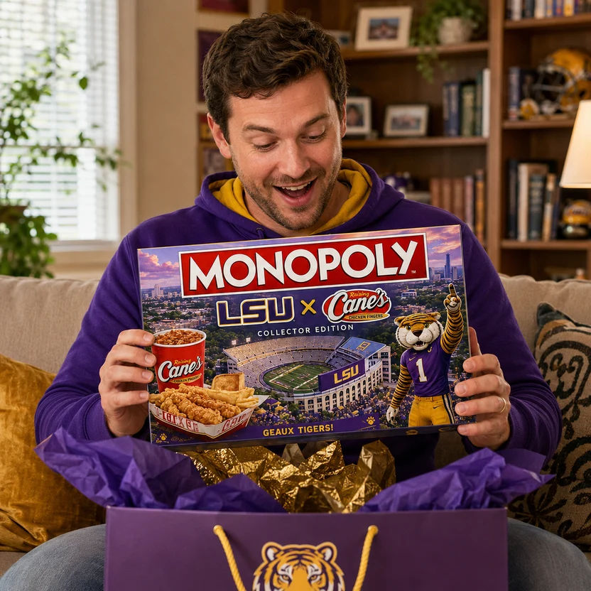 LSU Tigers Raising Cane's Monopoly Board Game - Tiger Stadium model and box