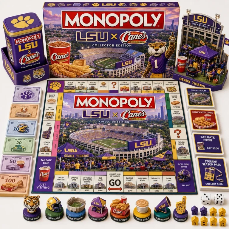 LSU Tigers Raising Cane's Monopoly Board Game - full setup