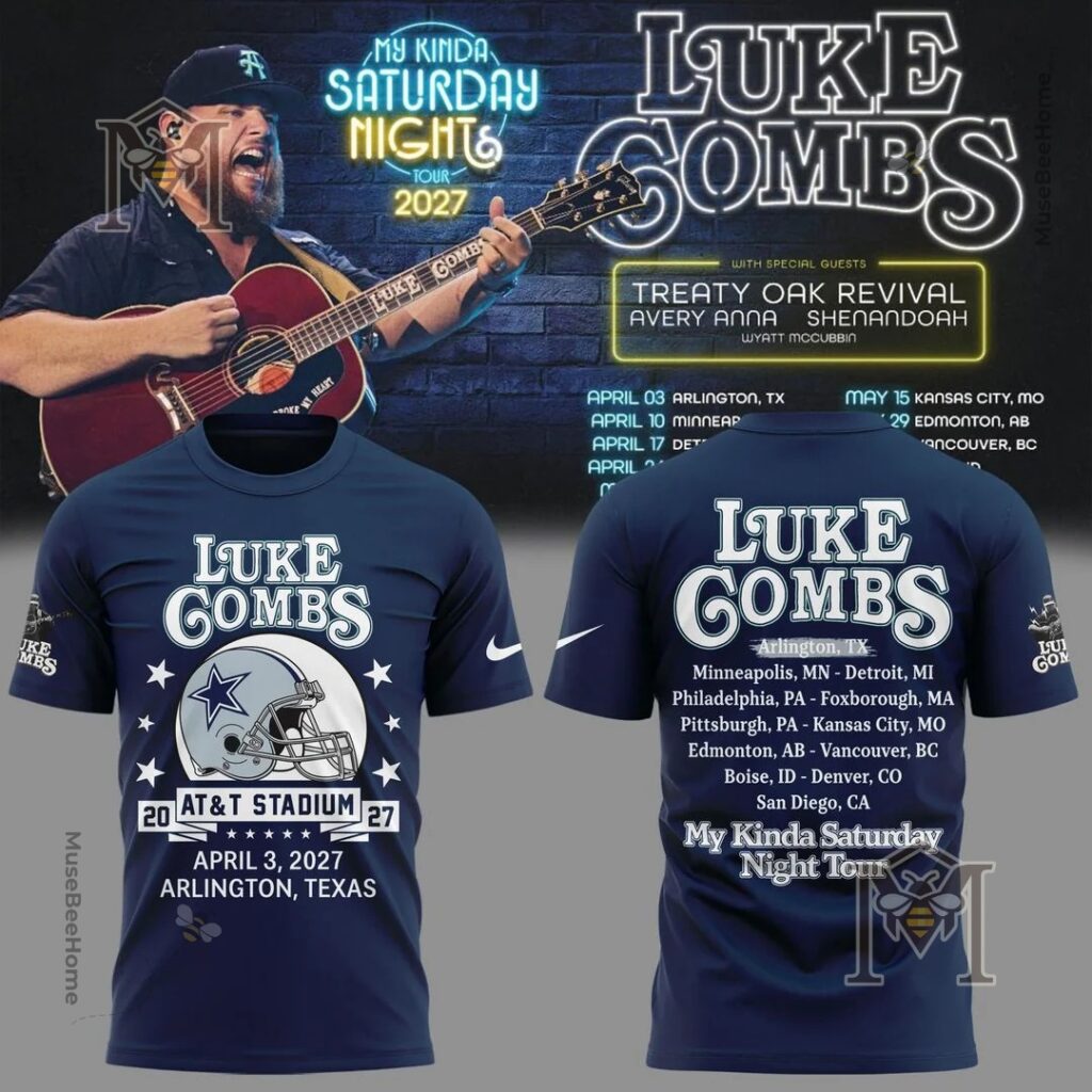 Luke Combs Dallas Cowboys My Kinda Saturday Night Tour 2027 T-Shirt – Front and back view with Luke Combs Dallas Cowboys My Kinda Saturday Night Tour 2027 T-Shirt - front and back view with concert poster