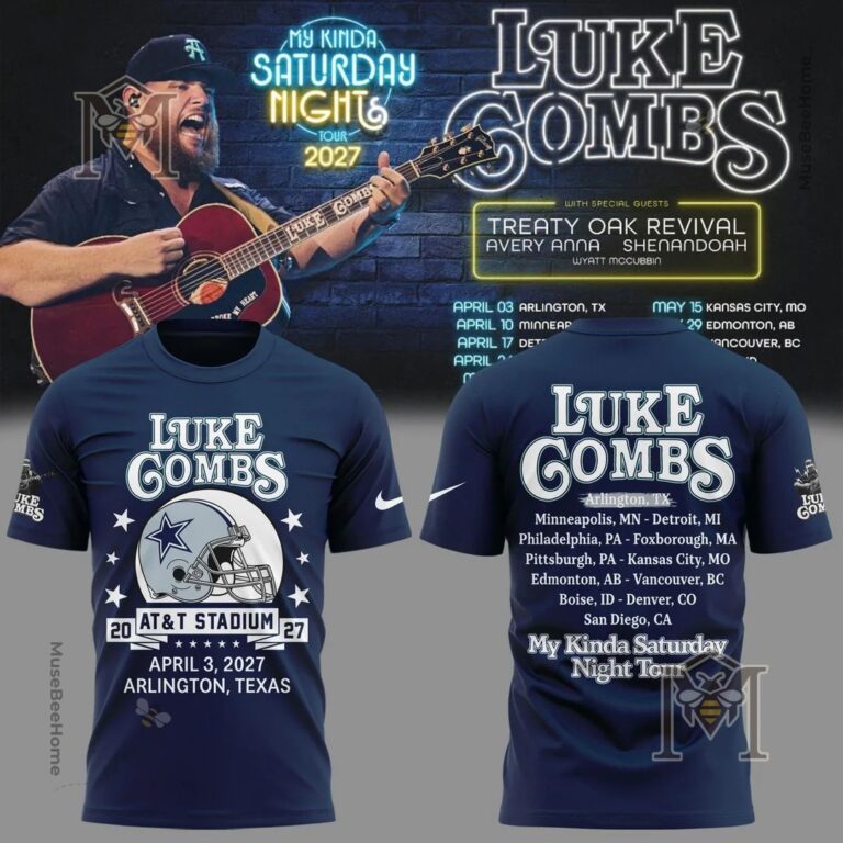 Luke Combs Dallas Cowboys My Kinda Saturday Night Tour 2027 T-Shirt - front and back view with concert poster