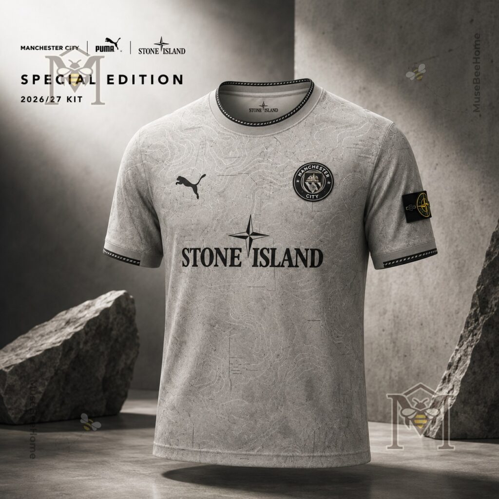 Manchester City Stone Island 2026/27 Kit Football Jersey – Full view on a dark Manchester City Stone Island 2026/27 Kit Football Jersey - full view on a dark background