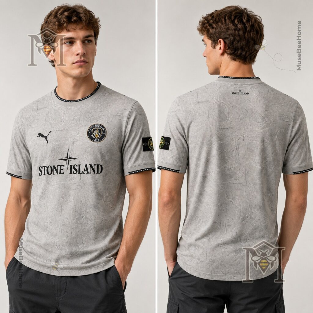 Manchester City Stone Island 2026/27 Kit Football Jersey - lower front view highlighting the Stone Island text