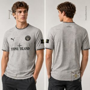 Manchester City Stone Island 2026/27 Kit Football Jersey - lower front view highlighting the Stone Island text