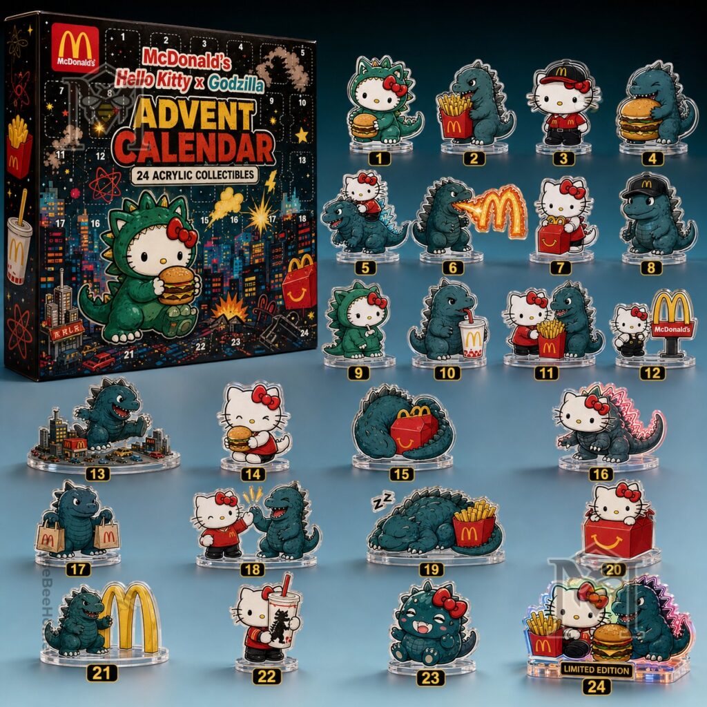 McDonald's Hello Kitty Godzilla Advent Calendar – Full display of box and McDonald's Hello Kitty Godzilla Advent Calendar - full display of box and figures