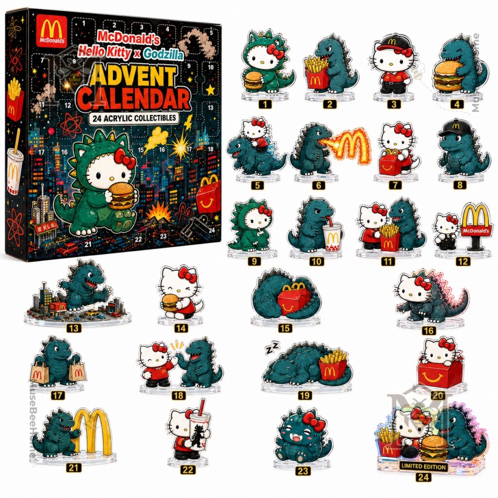 McDonald's Hello Kitty Godzilla Advent Calendar - box and top row figures