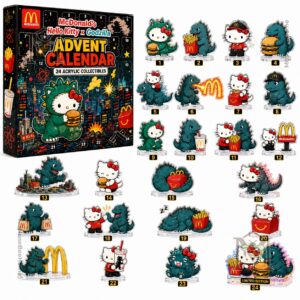 McDonald's Hello Kitty Godzilla Advent Calendar - box and top row figures
