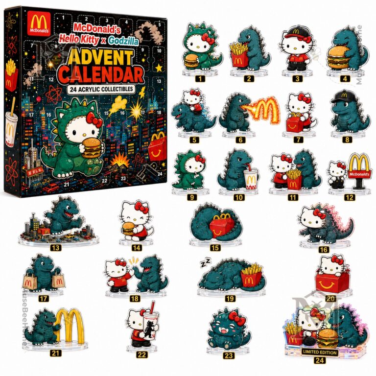 McDonald's Hello Kitty Godzilla Advent Calendar - box and top row figures