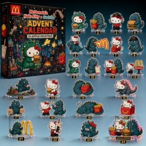 McDonald's Hello Kitty Godzilla Advent Calendar - full display of box and figures