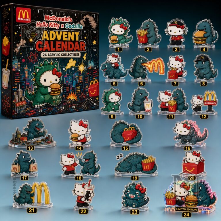 McDonald's Hello Kitty Godzilla Advent Calendar - full display of box and figures