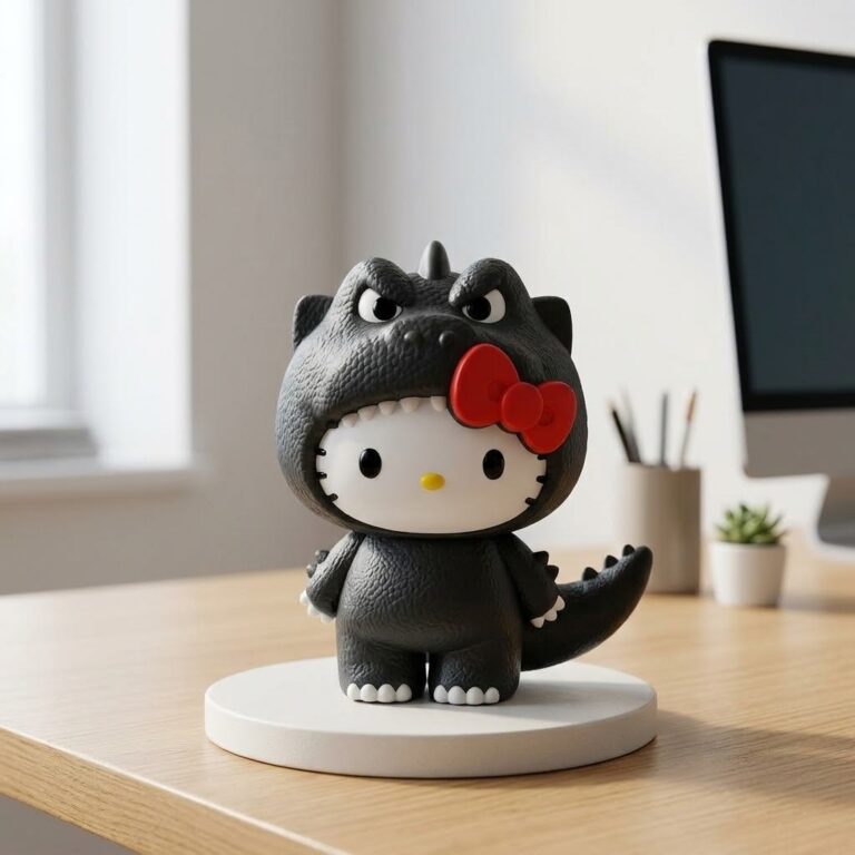 Close-up of Hello Kitty Godzilla figure toy and collector box with pink text