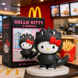Hello Kitty Godzilla figure toy displayed with its black collector box