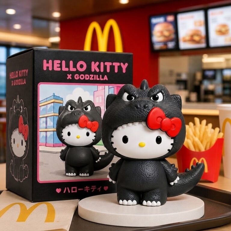 Hello Kitty Godzilla figure toy displayed with its black collector box