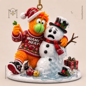 Miami Heat Burnie Christmas Ornament 2026 - close-up of mascot and melting snowman's upper bodies
