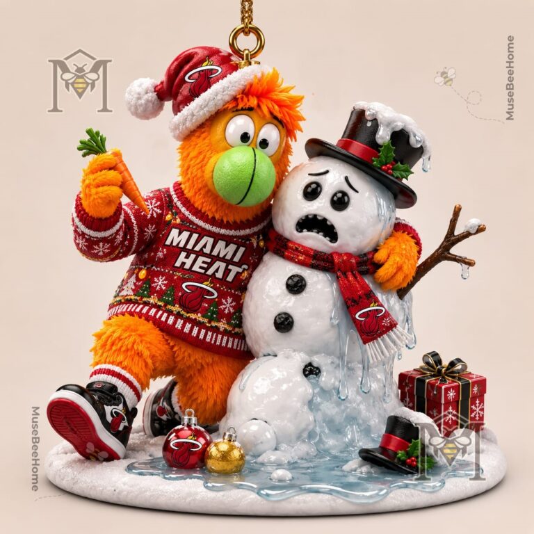 Miami Heat Burnie Christmas Ornament 2026 - close-up of mascot and melting snowman's upper bodies