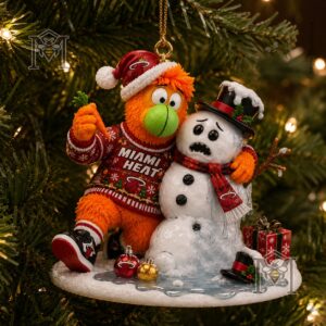 Miami Heat Burnie Christmas Ornament 2026 - detail of mascot's feet, sweater, and base with ornaments
