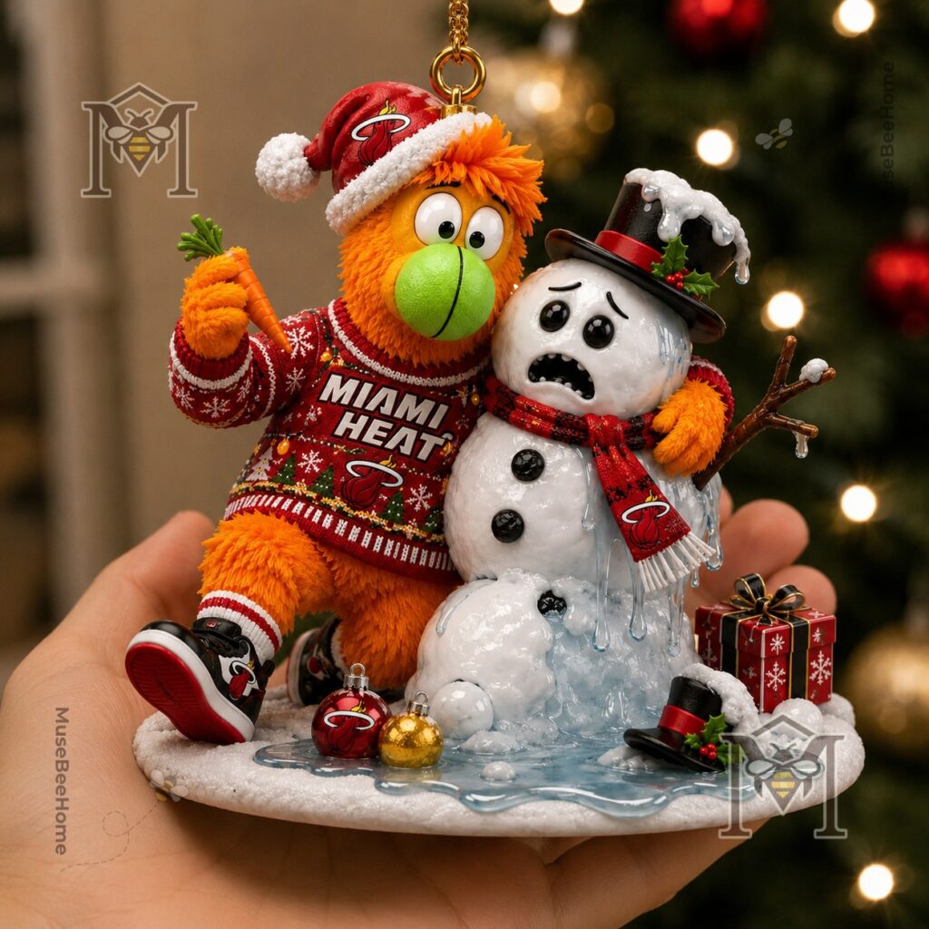Miami Heat Burnie Christmas Ornament 2026 - close-up of melting snowman, base, and gift box
