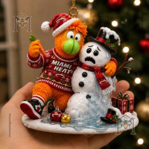 Miami Heat Burnie Christmas Ornament 2026 - close-up of melting snowman, base, and gift box