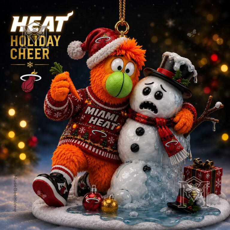 Miami Heat Burnie Christmas Ornament 2026 - full ornament with mascot and melting snowman
