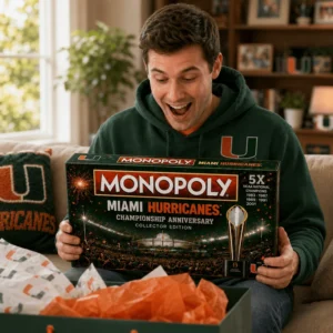Miami Hurricanes Championship Anniversary Monopoly Board Game - top left view of box and board