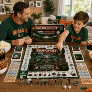 Miami Hurricanes Championship Anniversary Monopoly Board Game - top right view of box and board