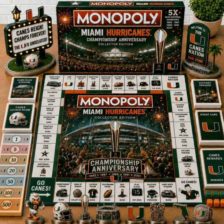 Miami Hurricanes Championship Anniversary Monopoly Board Game - complete set on a table