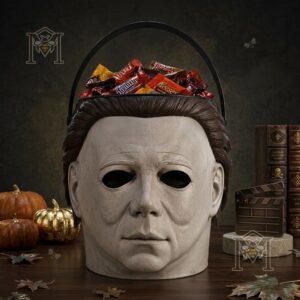 Michael Myers Spooky Trick or Treat Halloween Candy Bucket - close-up top view showing candy and handle