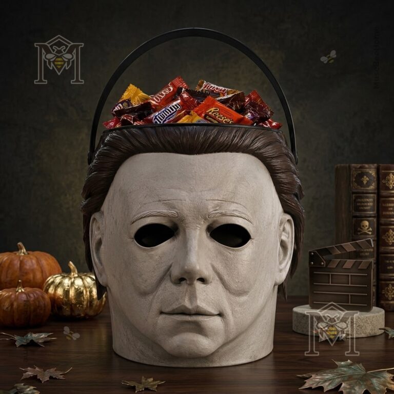 Michael Myers Spooky Trick or Treat Halloween Candy Bucket - close-up top view showing candy and handle