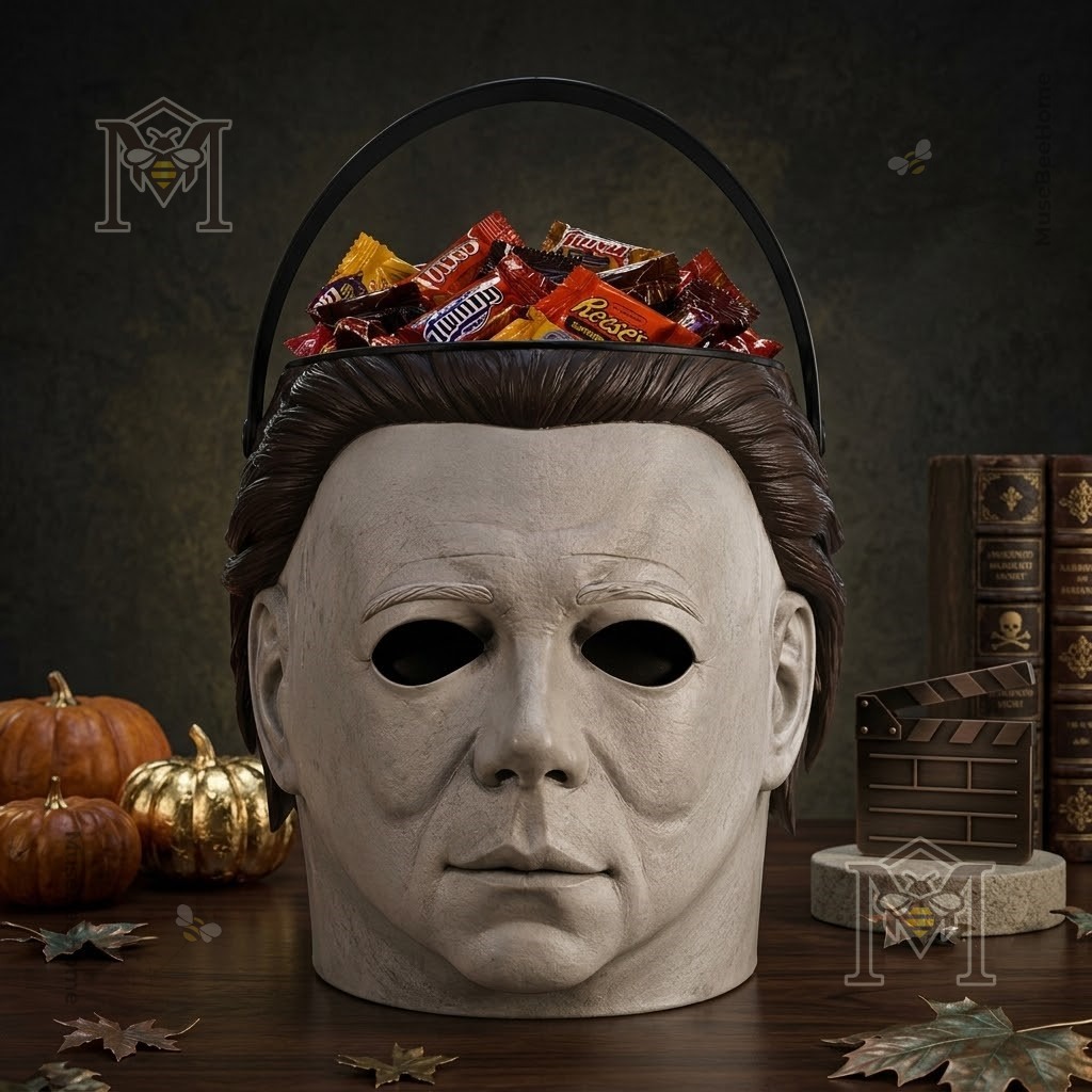 Michael Myers Spooky Trick or Treat Halloween Candy Bucket - close-up top view showing candy and handle