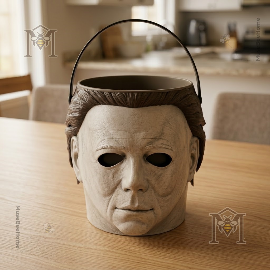 Michael Myers Spooky Trick or Treat Halloween Candy Bucket - close-up view of mask and candy with shelf