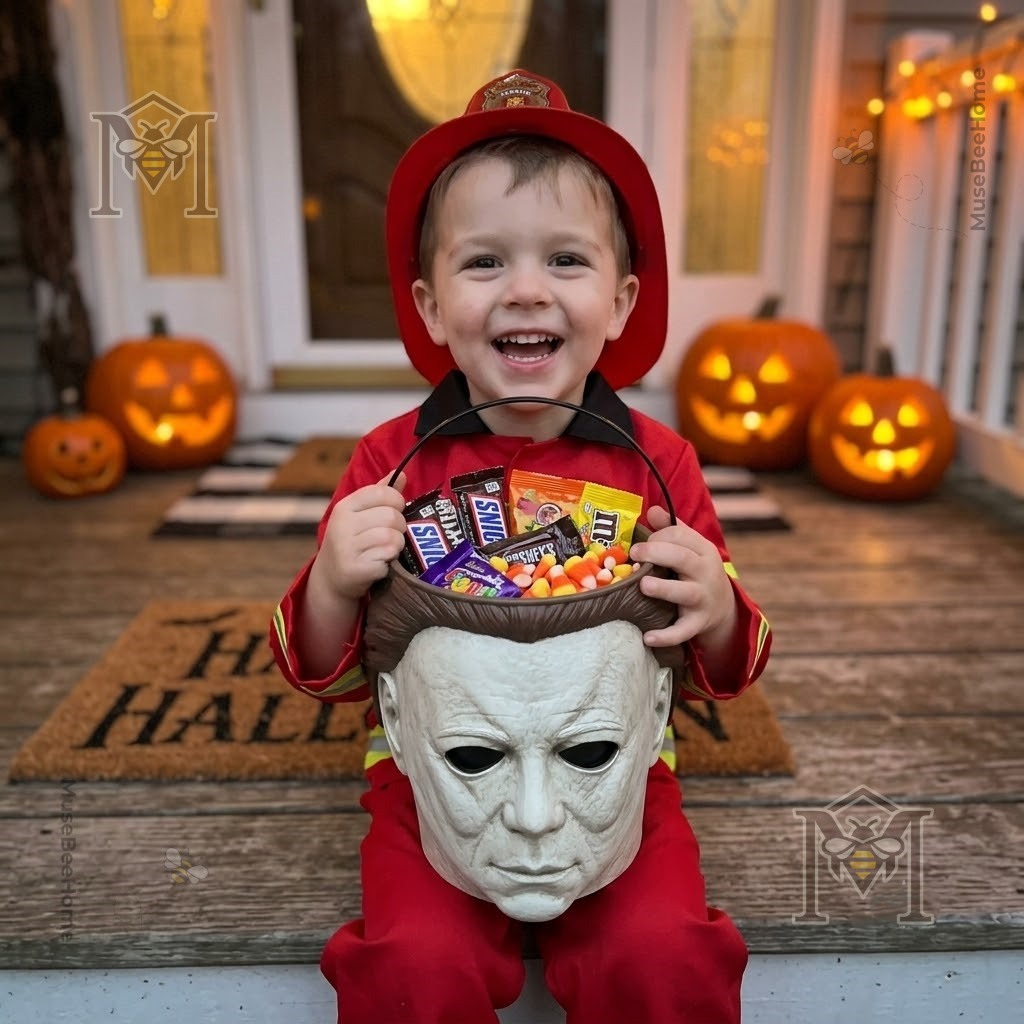 Michael Myers Spooky Trick or Treat Halloween Candy Bucket - side close-up of mask detail with scattered