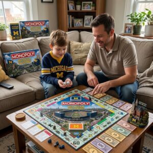 Michigan Wolverines Monopoly Board Game - tin, game cards, and top left board